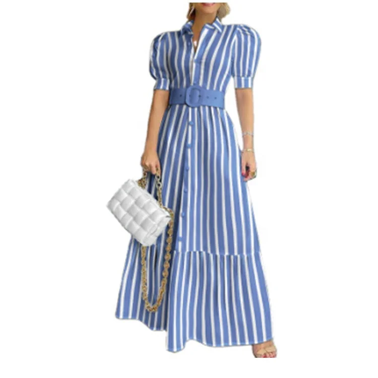 D2333 High Waist Dress Short Sleeve Women Elegant Stripe Casual T Shirt Maxi Dress Ladies Formal for Office Stylish A-Line Maxi Dress