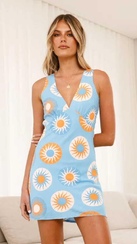 Daemyn Mini Dress - Blue / Orange Sun Chic Halter Mini Dress