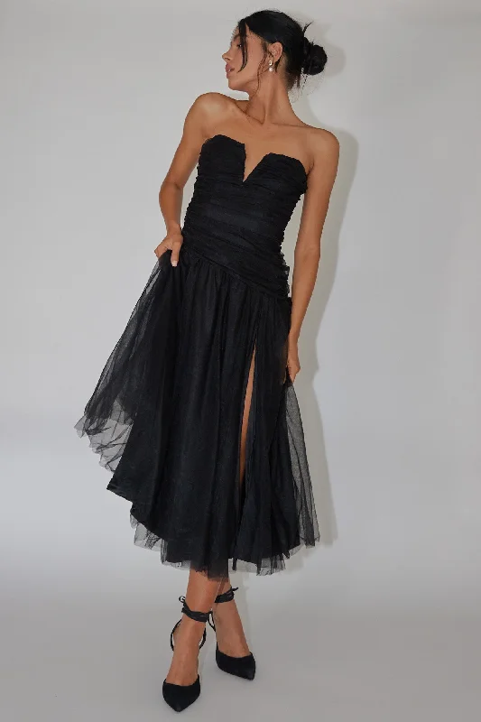 Daphnie Drop Waist Tulle Midi Dress Black Stylish Wraparound Midi Dress