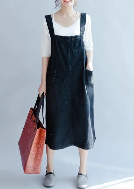 Denim Black Long Cotton Dresses Casual Big Pockets Maxi Dress Sleeveless Fashionable Maxi Dress with Fringe