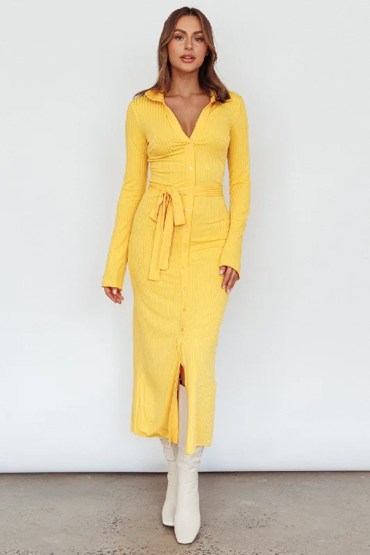 Eastcoast Collared Placket Midi Dress Yellow Stylish Wraparound Midi Dress