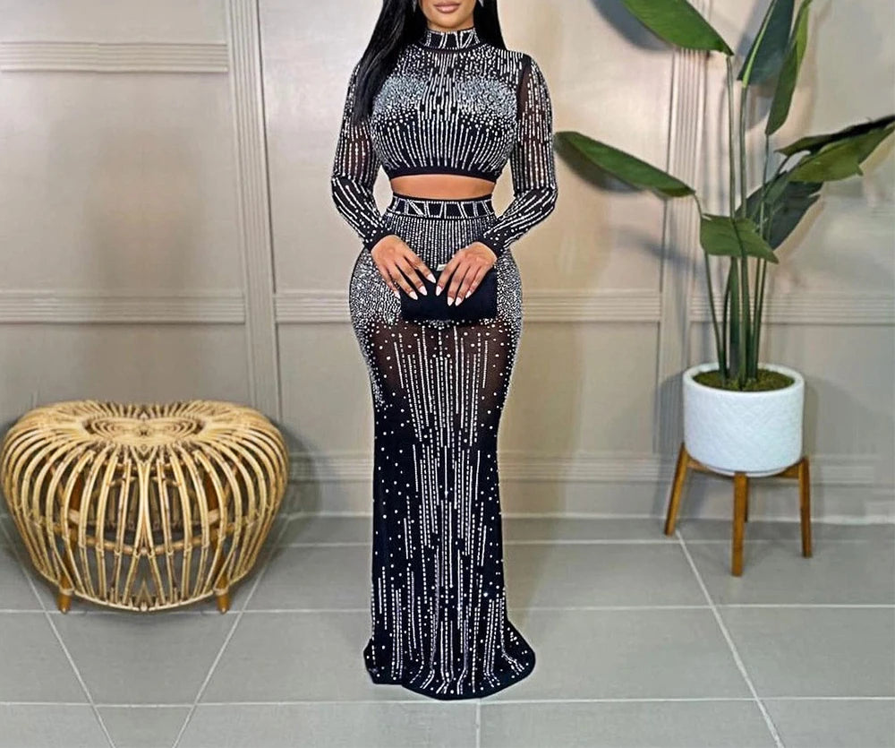 Elegant Lady Sexy Mesh Sequined Long Sleeve Crop Top Rhinestone Maxi Dress 2 Piece Set Trendy V-Neck Maxi Dress