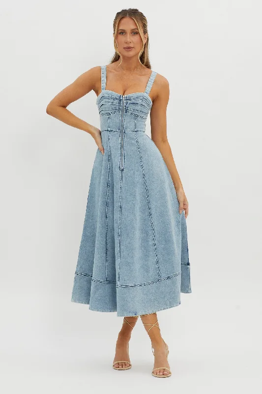 Emilio Pleated Bust A-Line Midi Dress Denim Blue Stylish Color Block Midi Dress