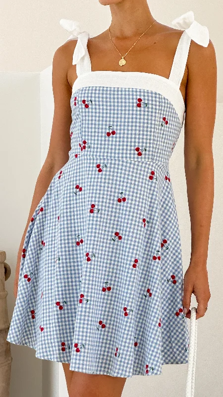 Emmelyn Mini Dress - Blue Gingham Cherry Trendy A-Line Mini Dress