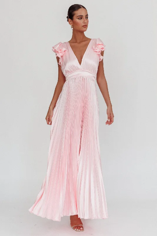 Enchantment Ruffle Sleeve Pleat Maxi Dress Pink Comfortable Bohemian Maxi Dress