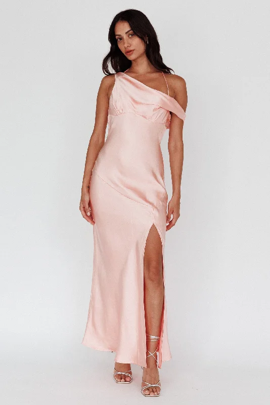 Etienne Off-Shoulder Halter Midi Dress Shimmer Pink Fashionable Chiffon Midi Dress