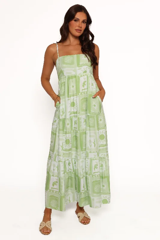 Eudora Maxi Dress - Green Print Trendy Fit-and-Flare Maxi Dress