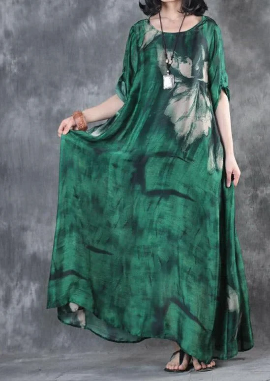 fashion green prints silk dresses Loose fitting short sleeve silk maxi dress Elegant big hem kaftans Classic A-Line Maxi Dress