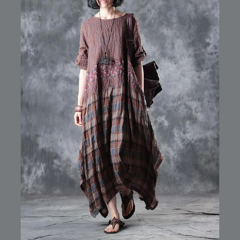 Fine chocolate linen maxi dress  plaid grid patchwork linen gown 2022 half sleeve pockets caftans Fashionable High-Low Maxi Dress