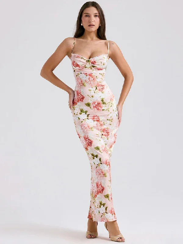 Floral Print Sleeveless Backless Maxi Dress Stylish Maxi Dress with Frills