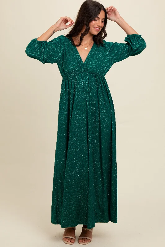 Forest Green Glitter V-Neck Maxi Dress Elegant Maxi Dress with Slit