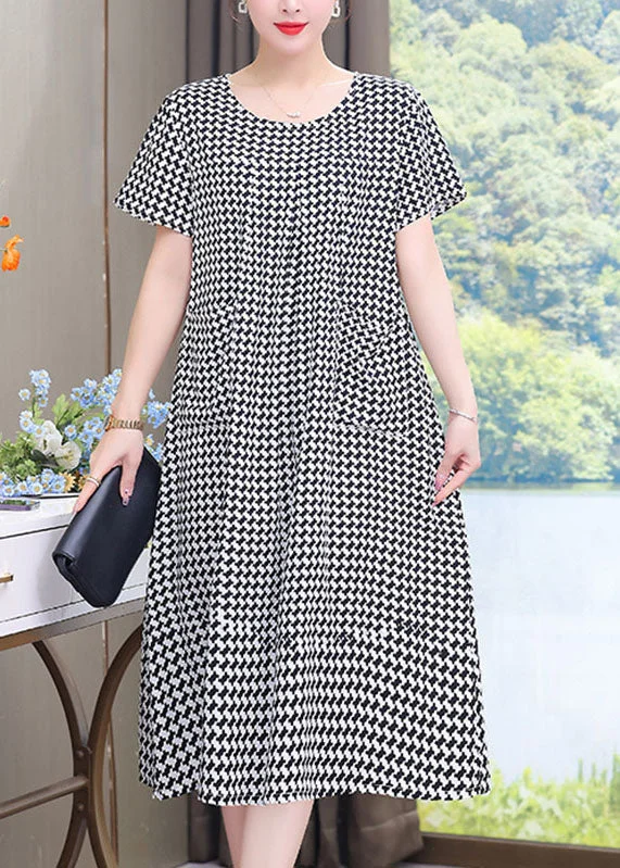 French Black O-Neck Plaid Patchwork Maxi Dresses Summer VB1052 Elegant Maxi Dress with Lace