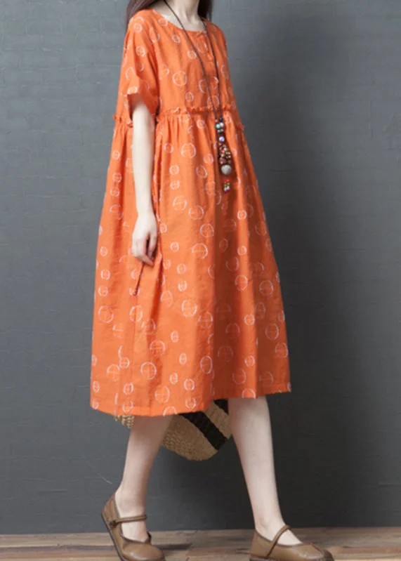 French Orange Dot Print Maxi Dress Short Sleeve VB1028 Trendy Floral Print Maxi Dress