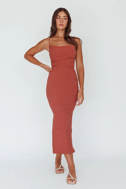 Frieda Cowl Neck Side Split Ribbed Midi Dress Rust Cozy Tie-Dye Midi Dress