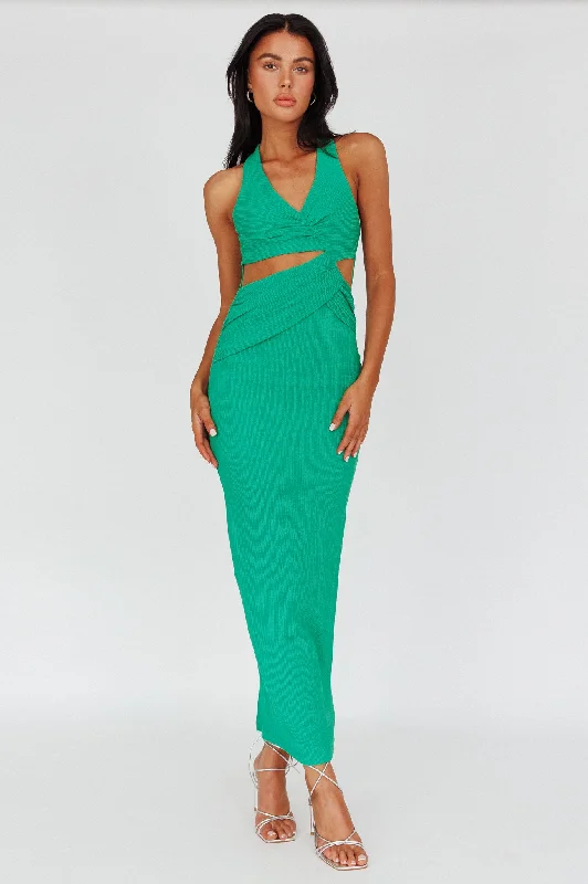 Giulia Cut-out Ribbed Halterneck Midi Dress Green Fashionable Pleated Midi Dress