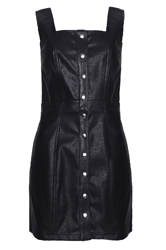 Glamorous Black PU Button Front Mini Dress Trendy Cut-Out Mini Dress