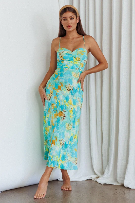 Golden Sands Cami Strap Maxi Dress Floral Teal Stylish Maxi Dress with Frills