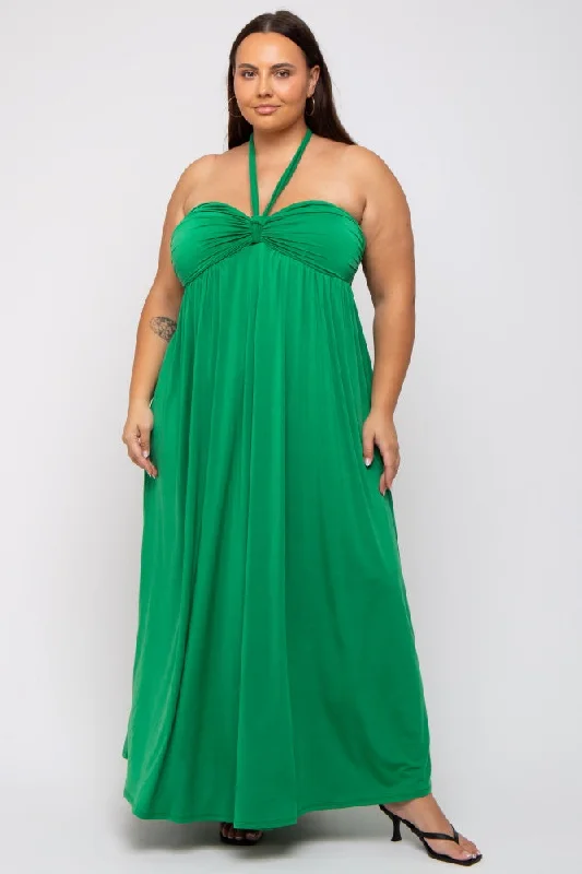 Green Front Knot Halter Plus Maxi Dress Trendy Button Front Maxi Dress