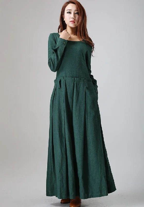 Green linen dress woman maxi dress custom made long sleeve linen dress (788) Cozy Ribbed Maxi Dress