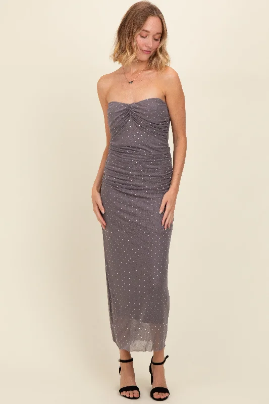 Grey Dot Print Strapless Ruched Maxi Dress Trendy A-Line Maxi Dress