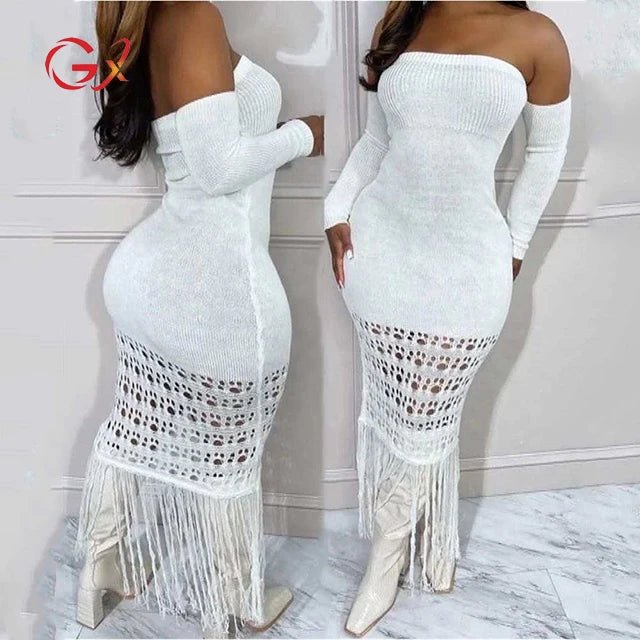 GX10664 Good Quality Spring Autumn Sexy Women's Long Sleeve Off Shoulder Maxi Dress Fashion Knitted Hollow Beach Tassel Dresses Fashionable Chiffon Tiered Maxi Dress