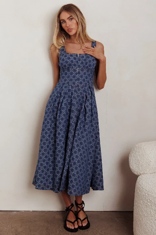 Hair Down Square Neck A-Line Midi Dress Floral Denim Fashionable One-Shoulder Midi Dress