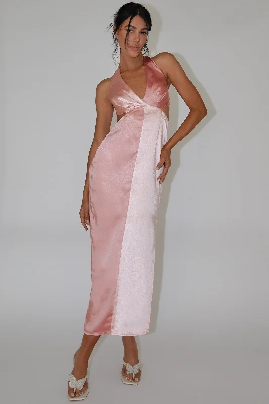 Harlequin Halterneck Satin Maxi Dress Blush Trendy Off-Shoulder Ruffle Maxi Dress