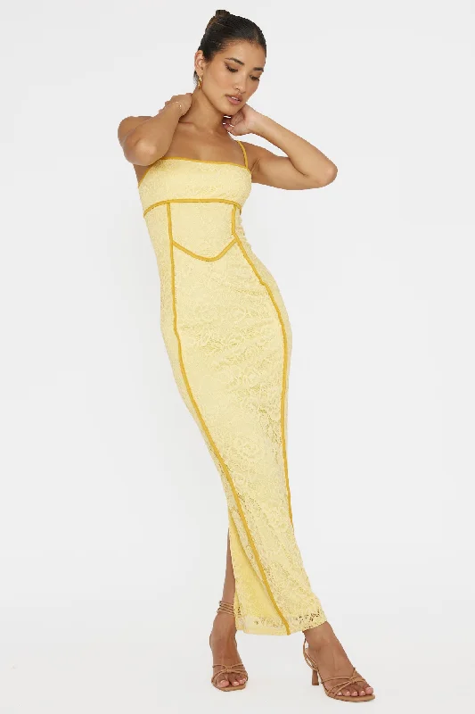 Inga Lace Piping Trim Midi Dress Yellow Stylish Satin Midi Dress