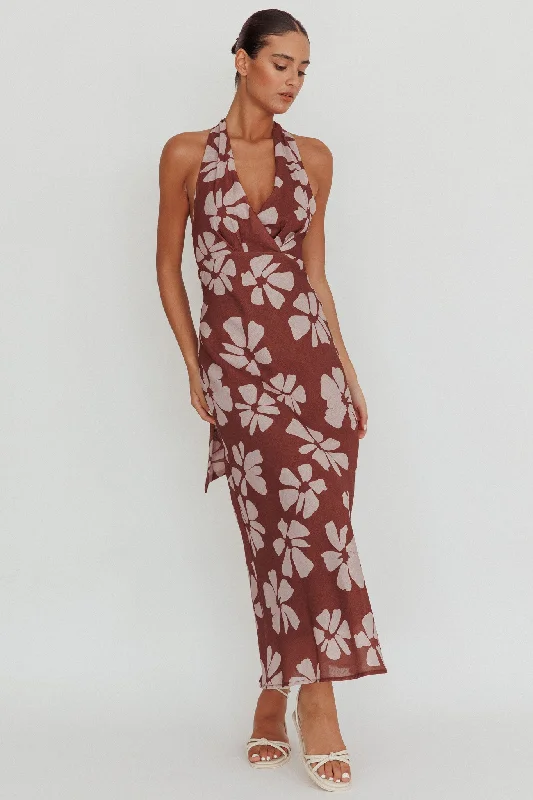 Italia Azure Halterneck Floral Maxi Dress Brown Comfortable Maxi Dress with Slits