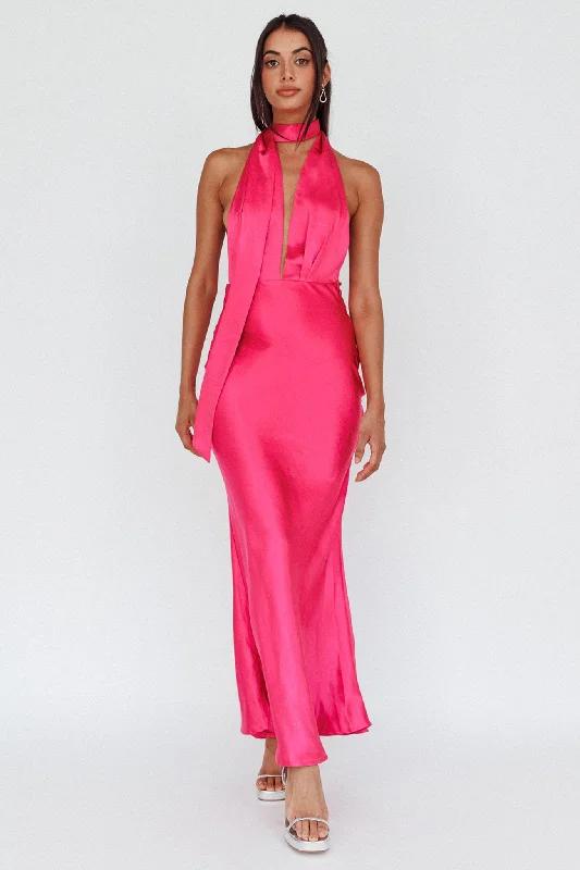 Italia Azure Halterneck Maxi Dress Hot Pink Cozy Knit Maxi Dress