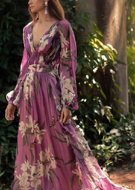 Italian Purple V Neck Print Chiffon Maxi Dresses Long Sleeve WW1047 Chic Sleeveless Maxi Dress