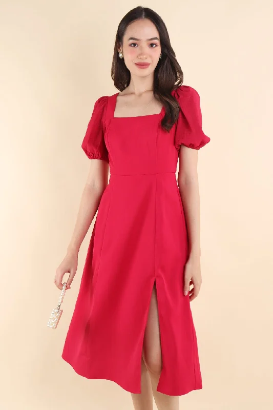 JANELYN SLEEVE MIDI DRESS IN BARBIE PINK Fashionable High-Neck Midi Dress