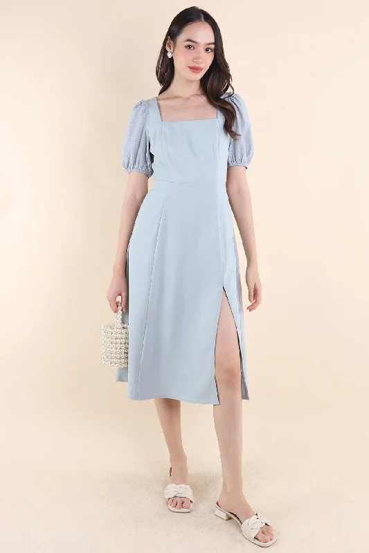 JANELYN SLEEVE MIDI DRESS IN SAGE BLUE Trendy Smocked Waist Midi Dress