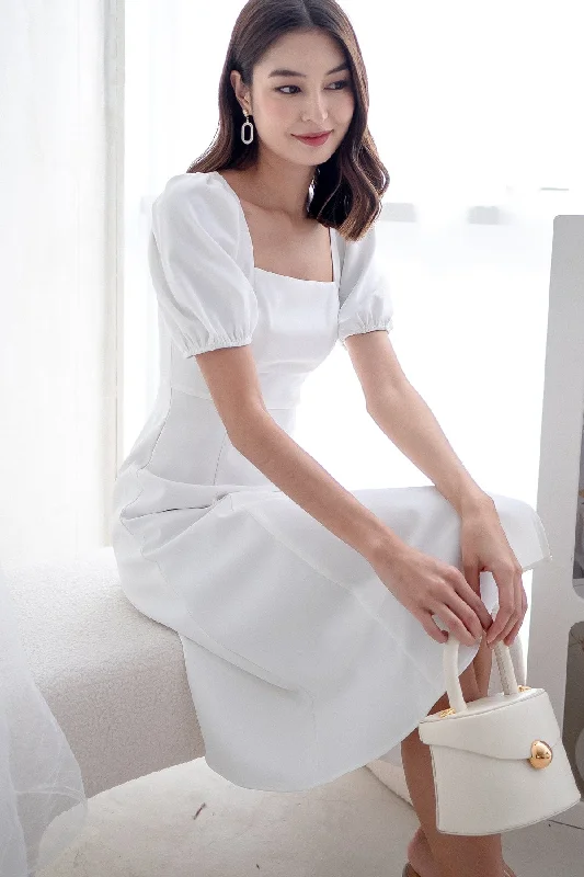 JANELYN SLEEVE MIDI DRESS IN WHITE Elegant Satin Midi Dress