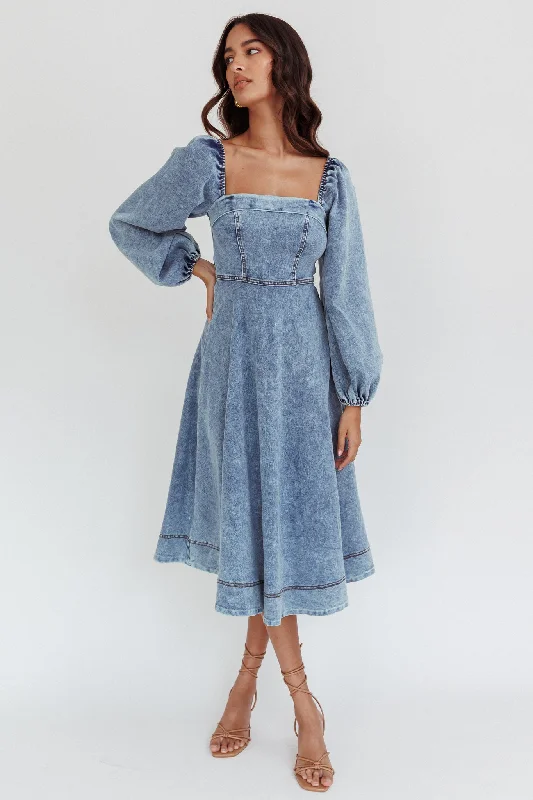 Jeanie Long Sleeve Midi Dress Denim Blue Comfortable Ribbed Midi Dress