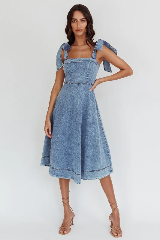 Jeanie Bow Shoulder Midi Dress Wash Denim Blue Elegant Floral Skirt Midi Dress