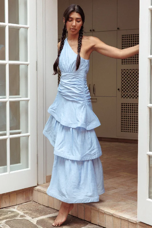 Kenny One Shoulder Tiered Maxi Dress Solid Blue Classic Strapless Maxi Dress