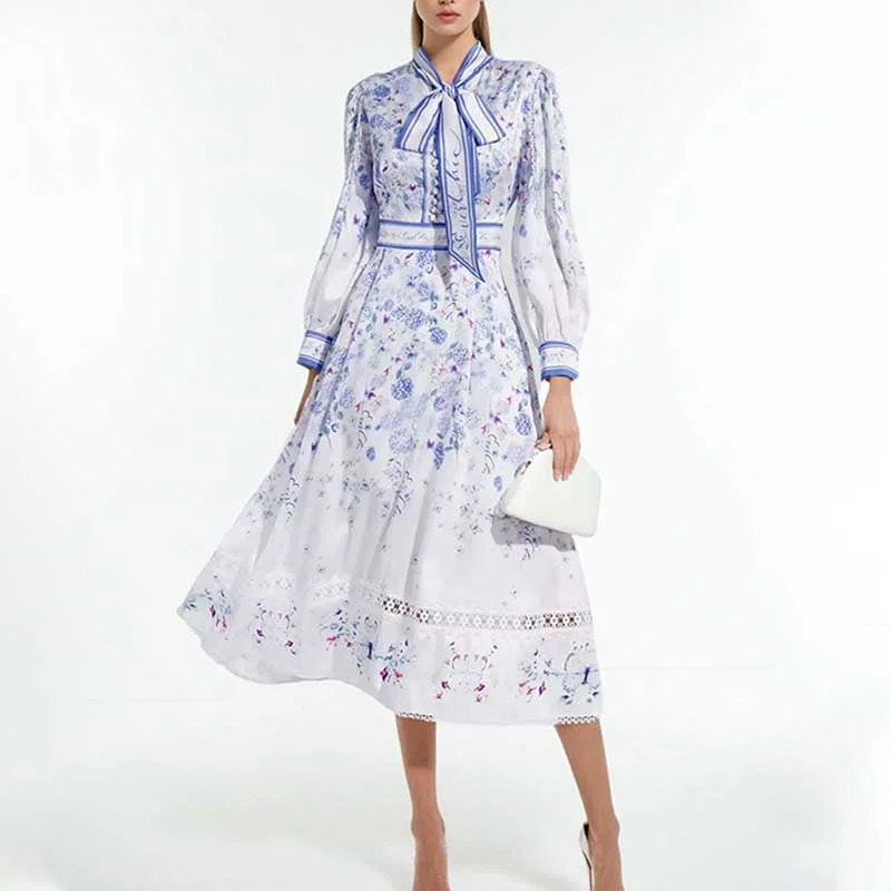 Lace-Up Collar White Long Sleeve Floral Maxi Dress Elegant Wraparound Maxi Dress