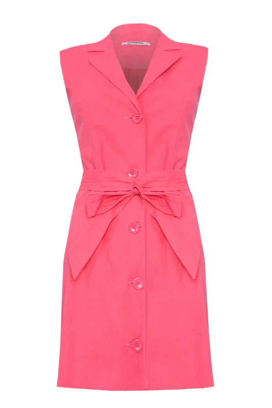 Glamorous Candy Pink Button Front Sleeveless Tie Waist Mini Dress Cozy Cotton Mini Dress