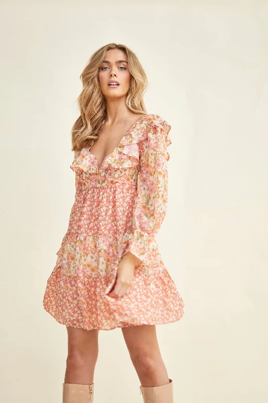 Glamorous Tiered Ruffle Empire-line Babydoll Mini Dress Classic Floral Mini Dress