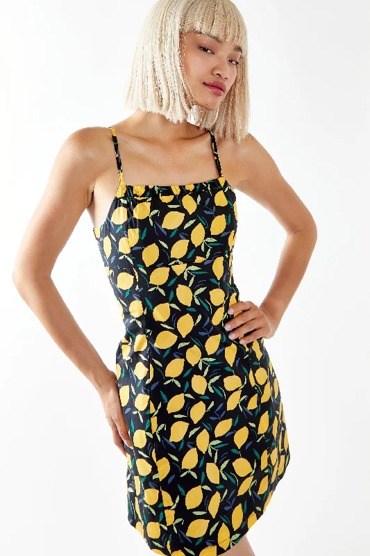 Glamorous Lemon Print Strappy Fitted Mini Dress Chic Puff Sleeve Mini Dress