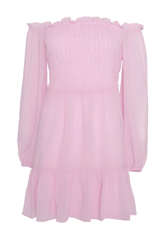 Glamorous Light Pink Long Sleeve Bardot Mini dress with Smocked Bodice and Tiered Skirt Classic Casual Mini Dress