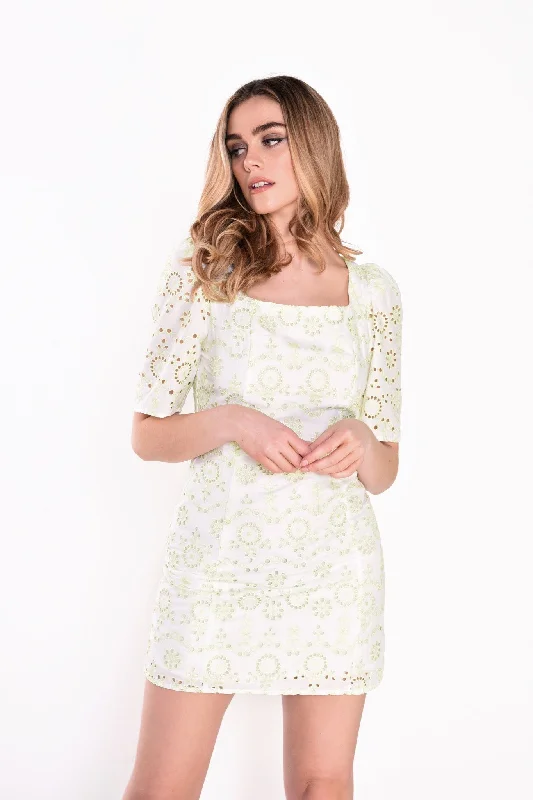 Glamorous Collection White Green Broderie Mini Dress Fashionable Party Mini Dress