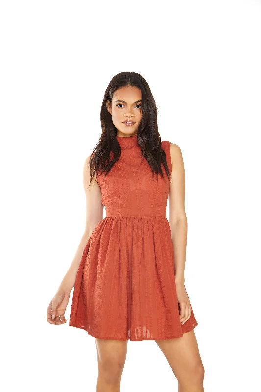 Glamorous Rust High Neck Sleeveless Skater Mini Dress Cozy A-Line Mini Dress