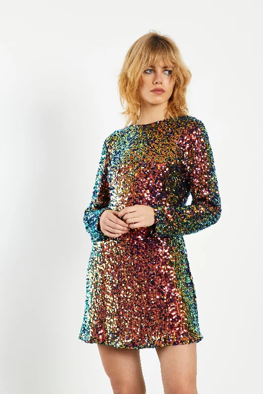 Glamorous Dark Iridescent Sequin Fitted Mini Dress Elegant Satin Mini Dress