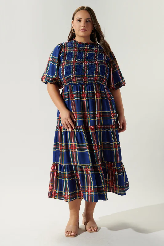 Lakeview Plaid Smocked Tiered Midi Dress Curve Cozy A-Line Midi Dress