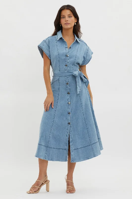 Laureen Short Sleeve Midi Dress Denim Blue Fashionable Chiffon Midi Dress