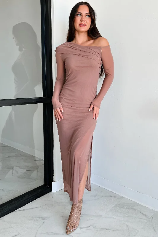 Leading Lady Energy Off The Shoulder Mesh Maxi Dress (Mocha) Stylish Maxi Dress with Frills