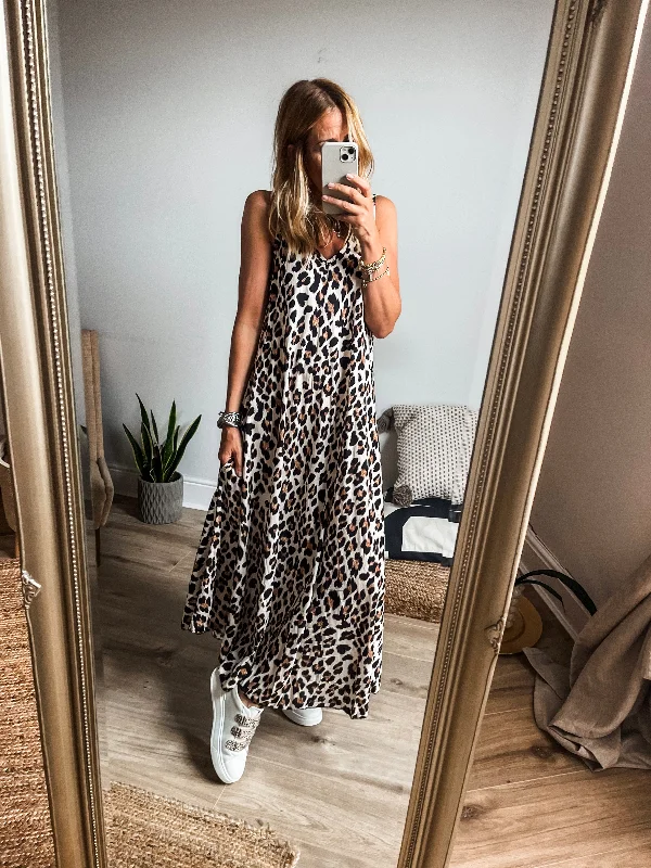 Leopard Print Flare Maxi Dress Chic Summer Maxi Dress