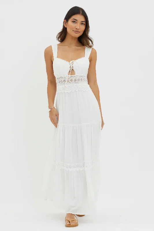 Libby Crochet Lace Waist Maxi Dress Off White Elegant Pleated Maxi Dress